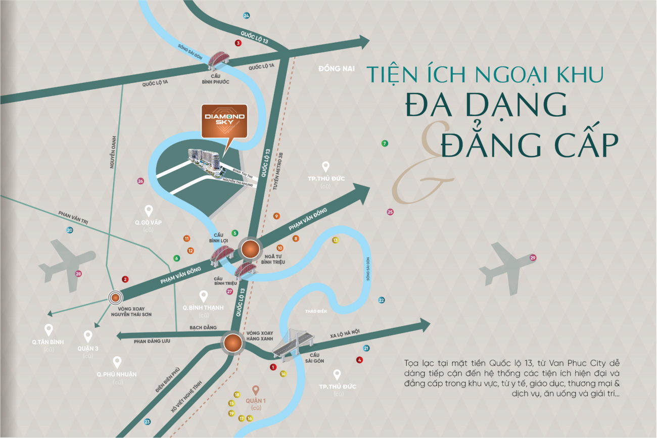 Vị trí kết nối của căn hộ chung cư diamond sky vạn phúc city